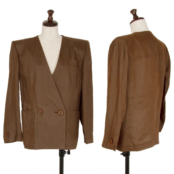 イヴサンローランYves Saint Laurent リネンノーカラーダブルセットアップスーツ 茶S・M K-107969_002