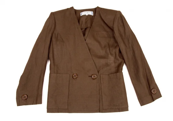 イヴサンローランYves Saint Laurent リネンノーカラーダブルセットアップスーツ 茶S・M K-107969_003