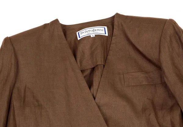 イヴサンローランYves Saint Laurent リネンノーカラーダブルセットアップスーツ 茶S・M K-107969_004