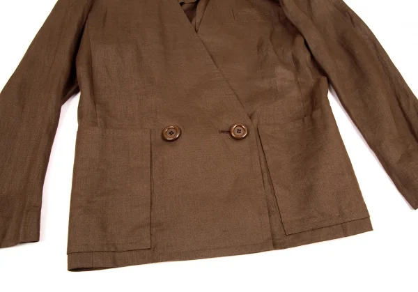 イヴサンローランYves Saint Laurent リネンノーカラーダブルセットアップスーツ 茶S・M K-107969_006