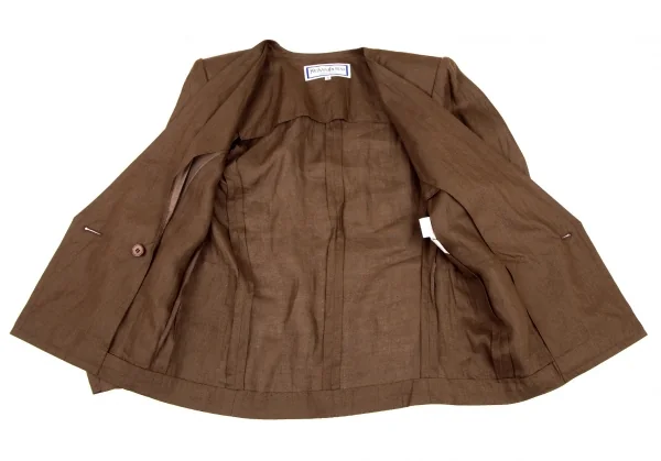 イヴサンローランYves Saint Laurent リネンノーカラーダブルセットアップスーツ 茶S・M K-107969_008