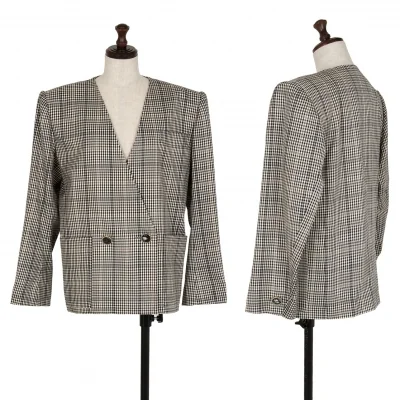 イヴサンローランYves Saint Laurent シェパードチェックノーカラーダブルジャケット オフ黒