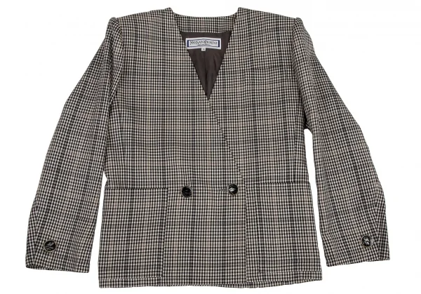 イヴサンローランYves Saint Laurent シェパードチェックノーカラーダブルジャケット オフ黒M K-107970_002