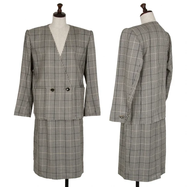 イヴサンローランYves Saint Laurent シェパードチェックノーカラーダブルセットアップスーツ オフ黒M・L K-107972_001
