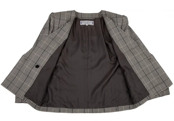 イヴサンローランYves Saint Laurent シェパードチェックノーカラーダブルセットアップスーツ オフ黒M・L K-107972_012