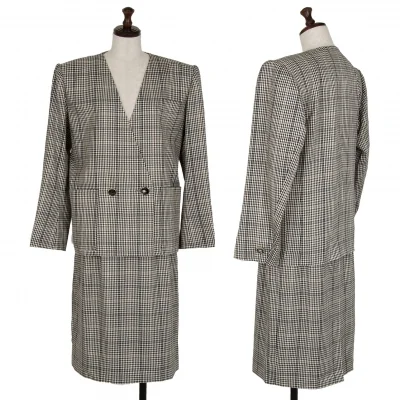 イヴサンローランYves Saint Laurent シェパードチェックノーカラーダブルセットアップスーツ オフ黒