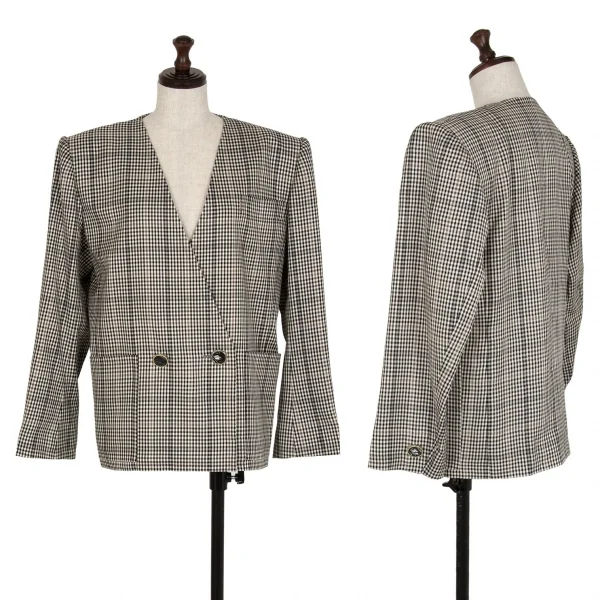 イヴサンローランYves Saint Laurent シェパードチェックノーカラーダブルセットアップスーツ オフ黒M・L K-107972_002