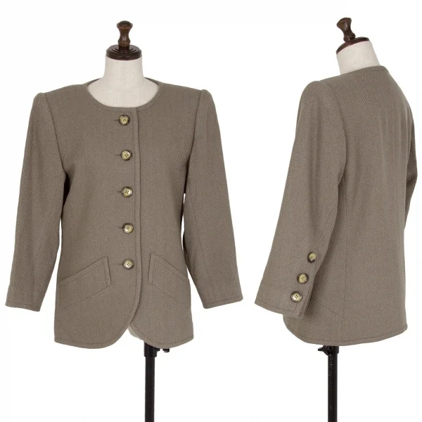 イヴサンローランYves Saint Laurent ウールヘリンボーンノーカラージャケット モスグレーM K-107973_001
