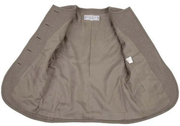 イヴサンローランYves Saint Laurent ウールヘリンボーンノーカラージャケット モスグレーM K-107973_010
