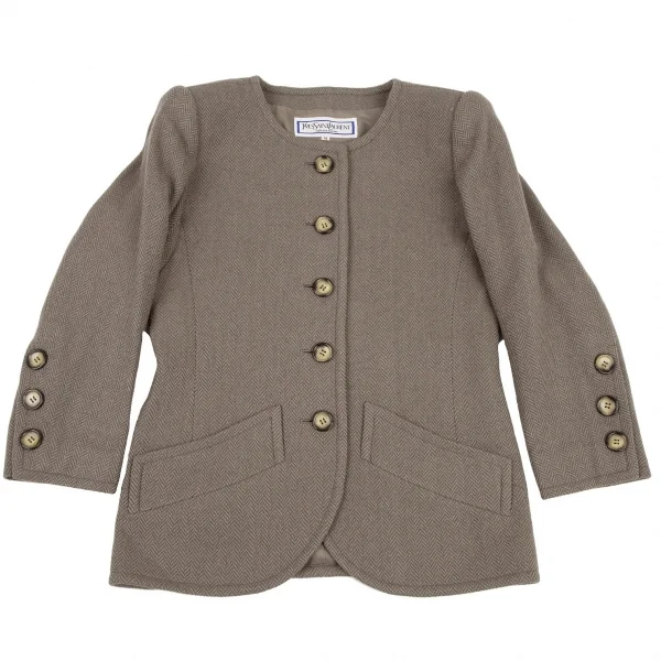 イヴサンローランYves Saint Laurent ウールヘリンボーンノーカラージャケット モスグレーM K-107973_002