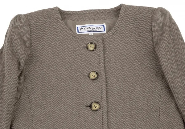 イヴサンローランYves Saint Laurent ウールヘリンボーンノーカラージャケット モスグレーM K-107973_003