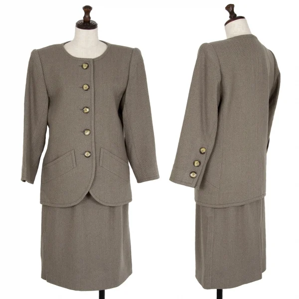イヴサンローランYves Saint Laurent ウールヘリンボーンノーカラーセットアップスーツ モスグレーM K-107975_001