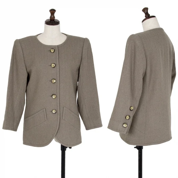 イヴサンローランYves Saint Laurent ウールヘリンボーンノーカラーセットアップスーツ モスグレーM K-107975_002