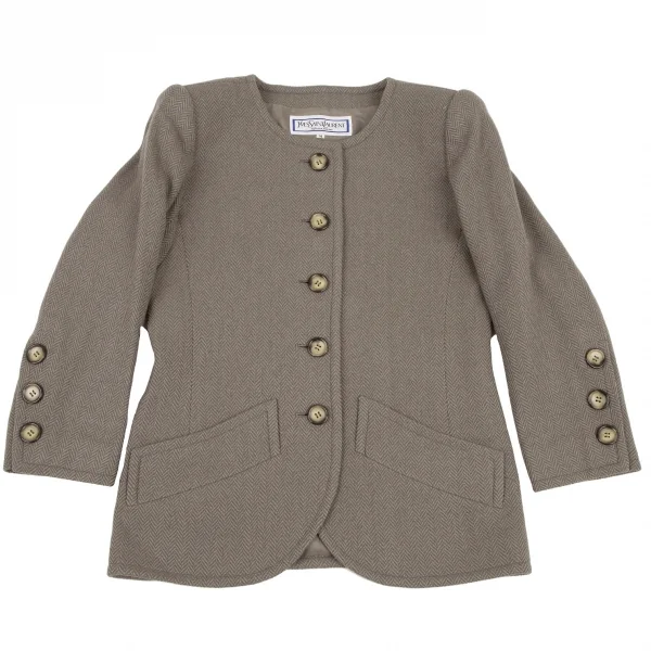 イヴサンローランYves Saint Laurent ウールヘリンボーンノーカラーセットアップスーツ モスグレーM K-107975_003