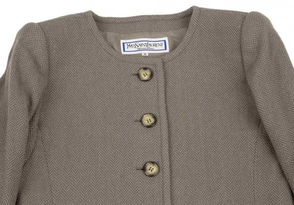 イヴサンローランYves Saint Laurent ウールヘリンボーンノーカラーセットアップスーツ モスグレーM K-107975_004