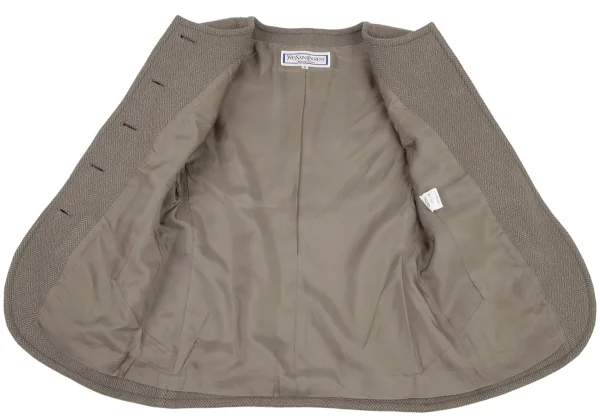 イヴサンローランYves Saint Laurent ウールヘリンボーンノーカラーセットアップスーツ モスグレーM K-107975_007