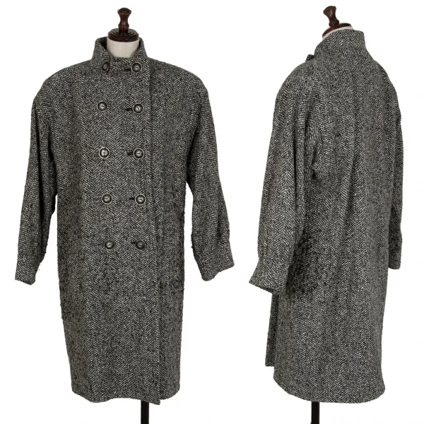 イヴサンローランYves Saint Laurent ツイードスタンドカラーダブルコート 白黒グレーS K-107976_001