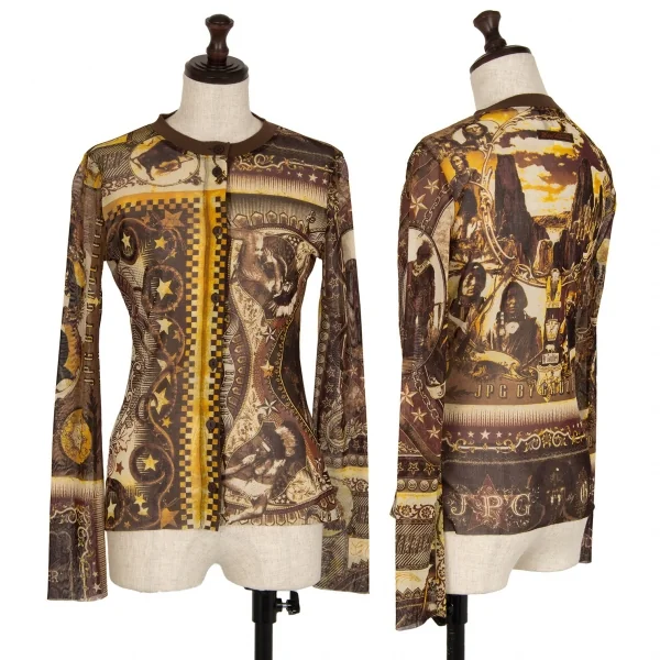 ジャンポールゴルチエJean Paul GAULTIER PARIS インディアングラフィックプリントパワーネットカーディガン ベージュ40 K-108021_001