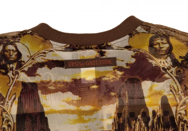 ジャンポールゴルチエJean Paul GAULTIER PARIS インディアングラフィックプリントパワーネットカーディガン ベージュ40 K-108021_012