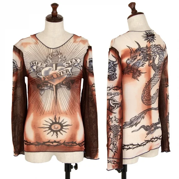 ジャンポールゴルチエ マイユJean Paul GAULTIER MAILLE タトゥープリントパワーネットカットソー 茶クリーム他S K-108104_001