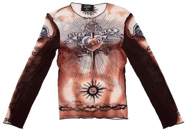 ジャンポールゴルチエ マイユJean Paul GAULTIER MAILLE タトゥープリントパワーネットカットソー 茶クリーム他S K-108104_002