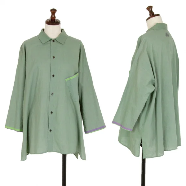 ヨーガンレール ババグーリJURGEN LEHL Babaghuri コットンバックキャット刺繍斜行ポケットオーバーサイズシャツ 緑紫M K-108266_001