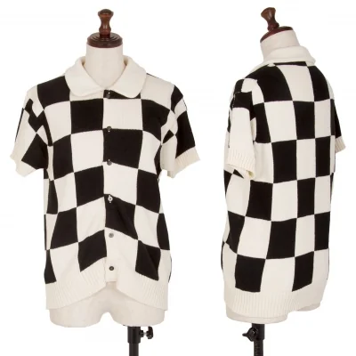 トリココムデギャルソンtricot COMME des GARCONS コットンリネンチェッカーフラッグラウンドカラー半袖ニットシャツ