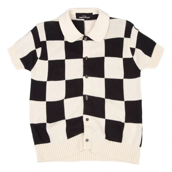 トリココムデギャルソンtricot COMME des GARCONS コットンリネンチェッカーフラッグラウンドカラー半袖ニットシャツ 生成り黒M位 K-108274_002
