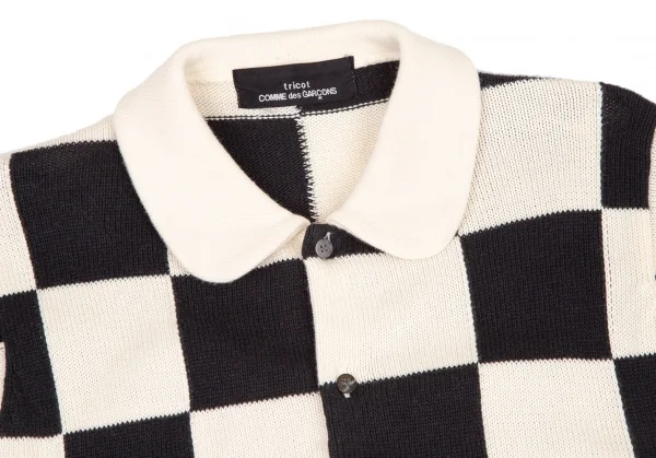 トリココムデギャルソンtricot COMME des GARCONS コットンリネンチェッカーフラッグラウンドカラー半袖ニットシャツ 生成り黒M位 K-108274_003
