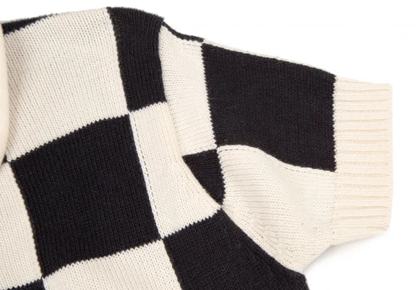 トリココムデギャルソンtricot COMME des GARCONS コットンリネンチェッカーフラッグラウンドカラー半袖ニットシャツ 生成り黒M位 K-108274_006