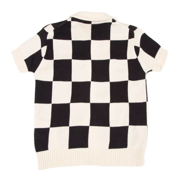 トリココムデギャルソンtricot COMME des GARCONS コットンリネンチェッカーフラッグラウンドカラー半袖ニットシャツ 生成り黒M位 K-108274_009