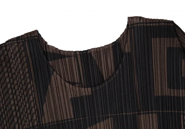 プリーツプリーズPLEATS PLEASE マルチパターンプリントプリーツカットソー 茶黒M位 K-108290_003