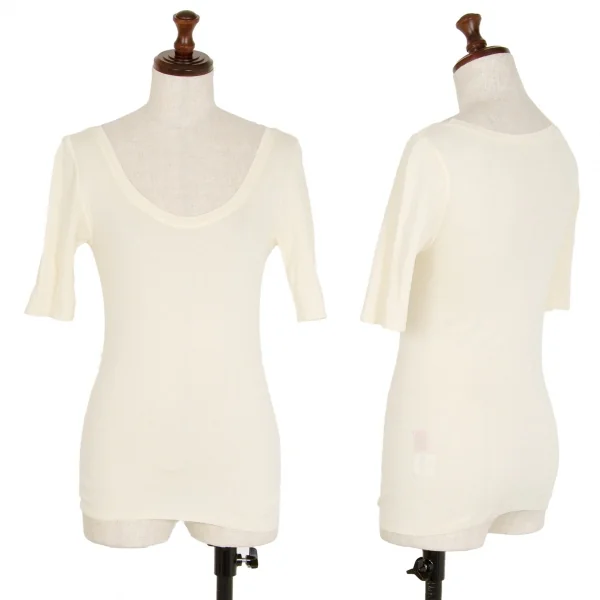 イッセイミヤケ ハートISSEY MIYAKE HaaT コットンサイドリブUネック5分袖Tシャツ ベージュ2 K-108369_001