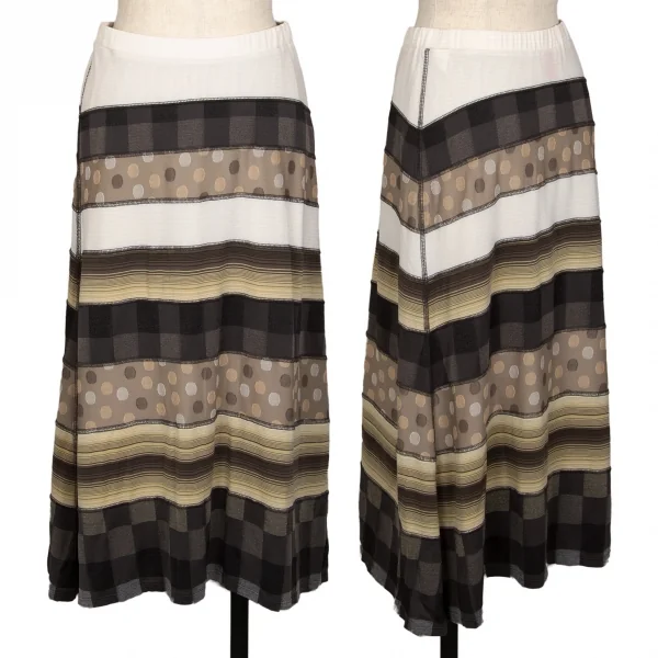 イッセイミヤケ ハートISSEY MIYAKE HaaT ストレッチドットボーダー切替Aラインスカート オフベージュグレー2 K-108391_001