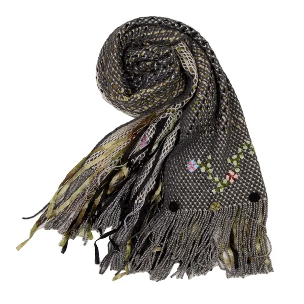 イッセイミヤケ ハートISSEY MIYAKE HaaT ウールリボン花コサージュフリンジマフラー グレー他 K-108397_001
