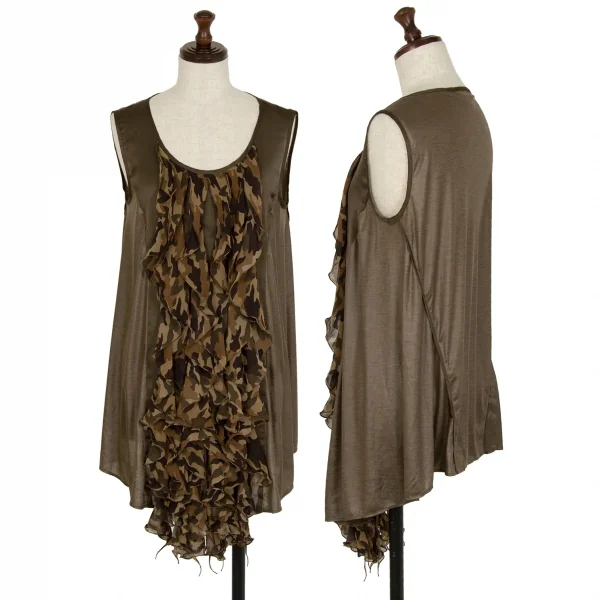 アツロウタヤマATSURO TAYAMA シルク切替迷彩フリル装飾ノースリーブトップス カーキ36 K-108402_001