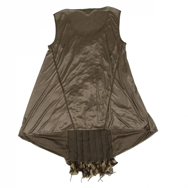 アツロウタヤマATSURO TAYAMA シルク切替迷彩フリル装飾ノースリーブトップス カーキ36 K-108402_012