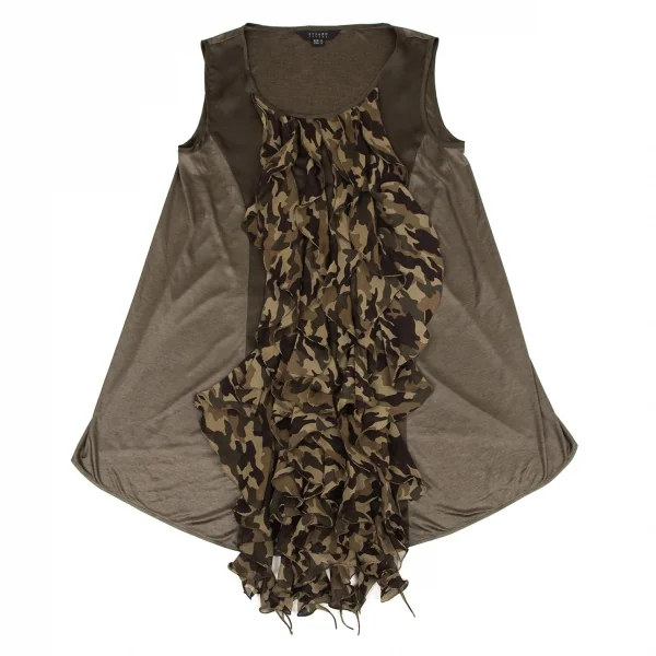アツロウタヤマATSURO TAYAMA シルク切替迷彩フリル装飾ノースリーブトップス カーキ36 K-108402_002