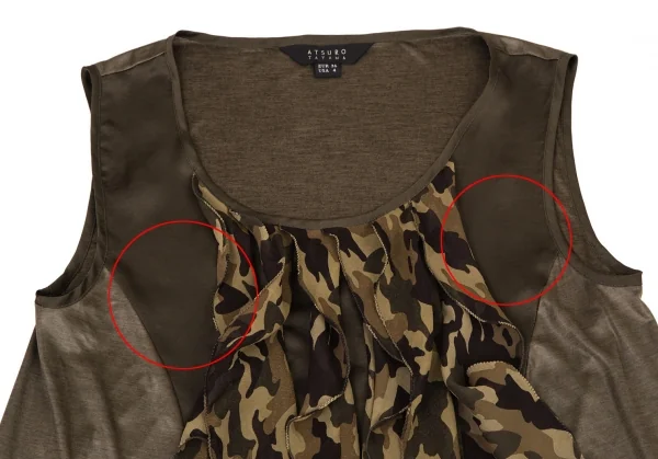 アツロウタヤマATSURO TAYAMA シルク切替迷彩フリル装飾ノースリーブトップス カーキ36 K-108402_003