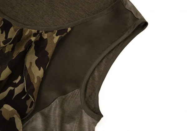 アツロウタヤマATSURO TAYAMA シルク切替迷彩フリル装飾ノースリーブトップス カーキ36 K-108402_007