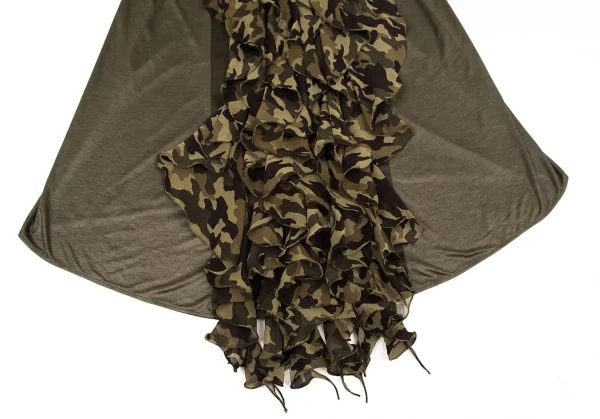 アツロウタヤマATSURO TAYAMA シルク切替迷彩フリル装飾ノースリーブトップス カーキ36 K-108402_008