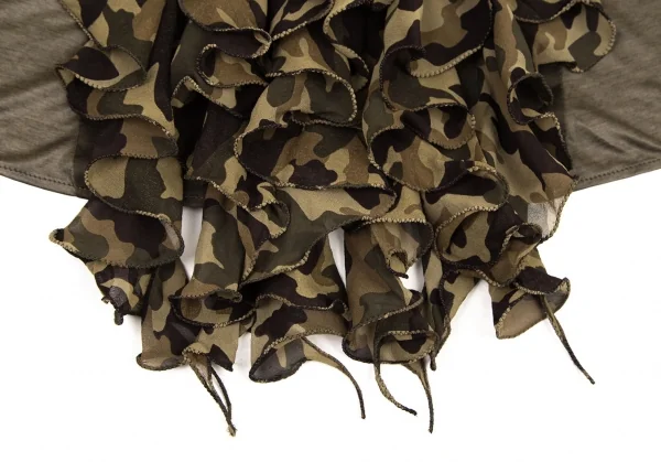 アツロウタヤマATSURO TAYAMA シルク切替迷彩フリル装飾ノースリーブトップス カーキ36 K-108402_009