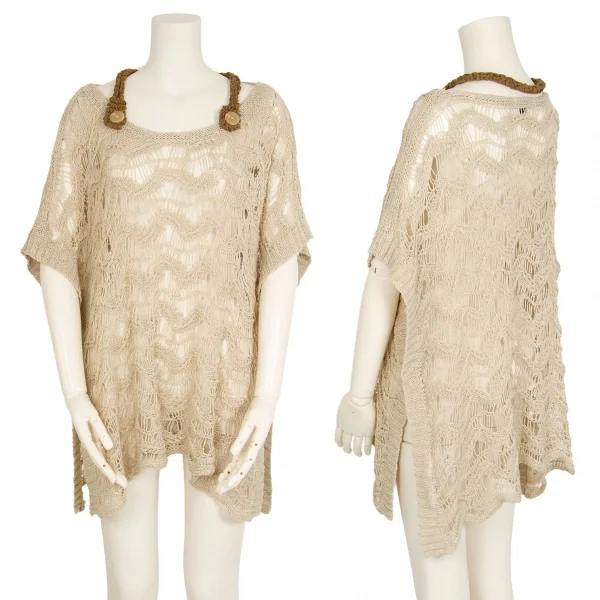 アツロウタヤマATSURO TAYAMA リネンコットンネック装飾カギ編みニットトップス ベージュ茶36 K-108406_001