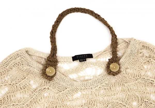 アツロウタヤマATSURO TAYAMA リネンコットンネック装飾カギ編みニットトップス ベージュ茶36 K-108406_003