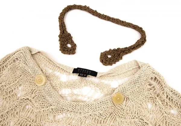 アツロウタヤマATSURO TAYAMA リネンコットンネック装飾カギ編みニットトップス ベージュ茶36 K-108406_005