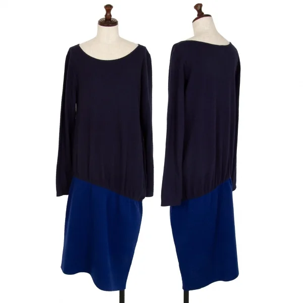 アツロウタヤマATSURO TAYAMA ウール混バイカラー切替ニットワンピース 紺青38 K-108432_001