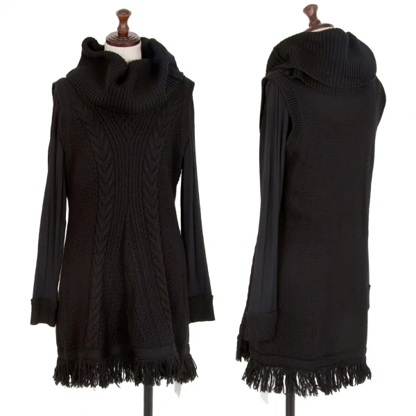 アツロウタヤマATSURO TAYAMA カットソーレイヤーフリンジニットベスト 黒36 K-108436_001