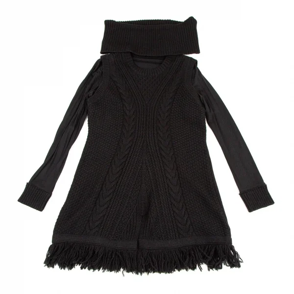 アツロウタヤマATSURO TAYAMA カットソーレイヤーフリンジニットベスト 黒36 K-108436_002