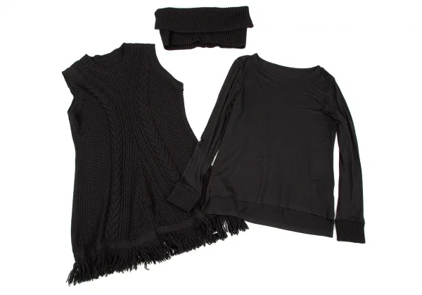 アツロウタヤマATSURO TAYAMA カットソーレイヤーフリンジニットベスト 黒36 K-108436_003