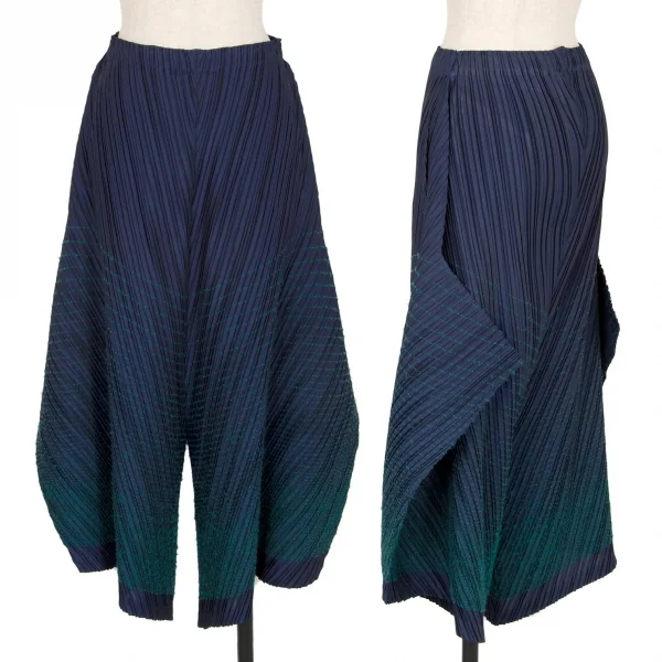 イッセイミヤケISSEYMIYAKE ポリプリーツ裾ステッチ変形ワイドパンツ 紺緑2 K-108550_001